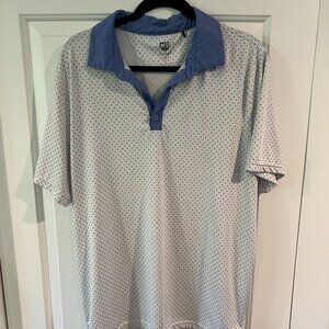 Graham Luxe Performance Polo Shirt - White/Blue Dots, Size Large